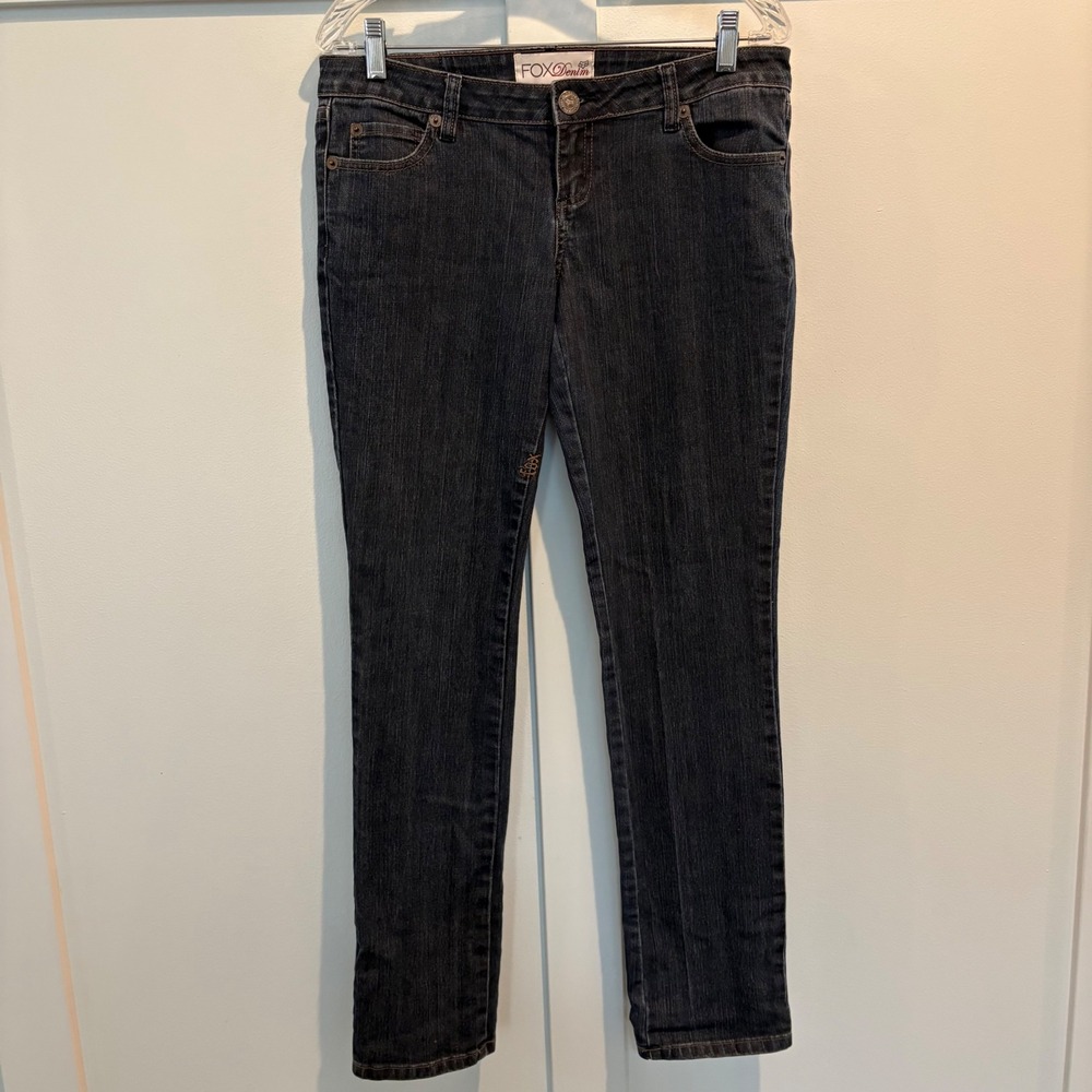 Fox Denim Jet 2 Rinse Jean Women‎ Size 7 Dark Wash Slim Leg Embroidered Logo
